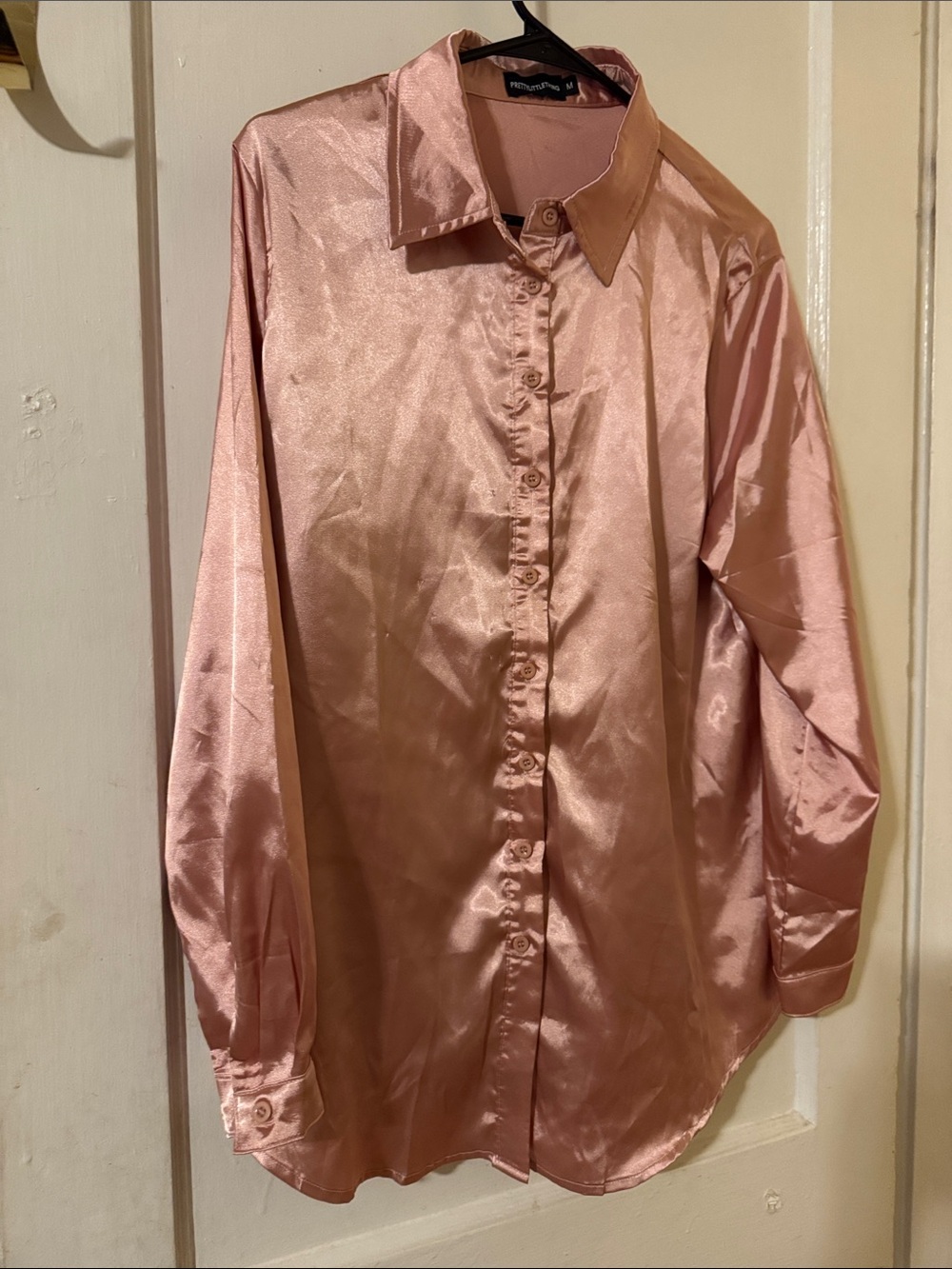 PrettyLittleThing Champagne Satin Button Blouse medium
